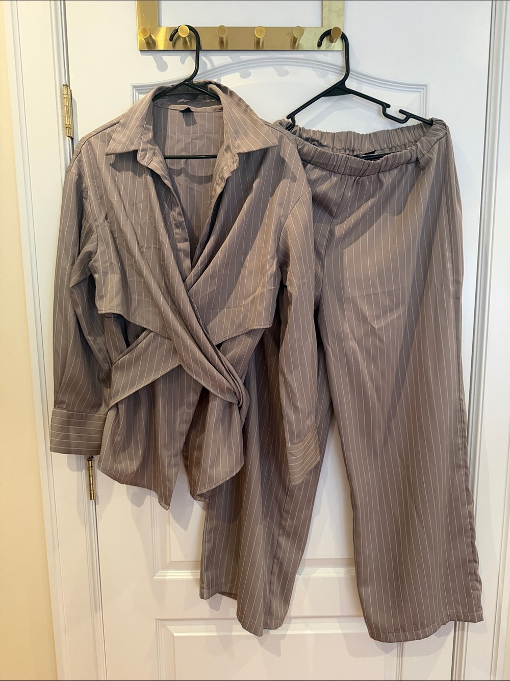 SHEIN Taupe Pinstripe Wrap Shirt and Wide Leg Pants Set
